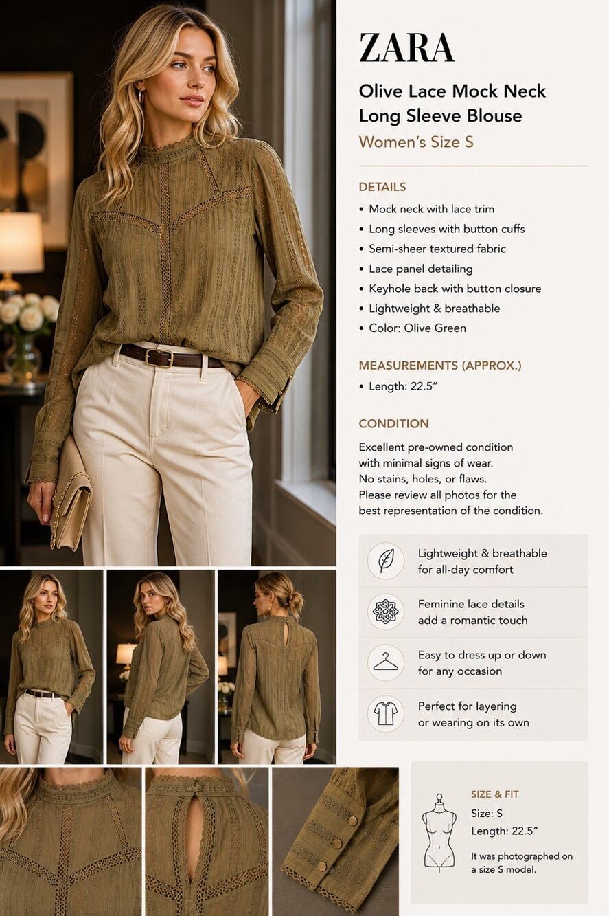 Zara Olive Lace Mock Neck Long Sleeve Blouse Sheer Boho Top Women’s Size S